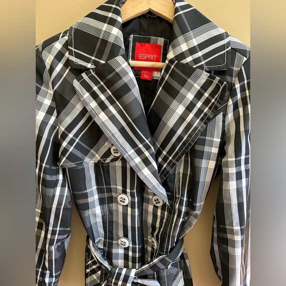 Espirit Black/White Plaid Trench Over Coat Womens Layering Classic Size XS - Picture 3 of 16